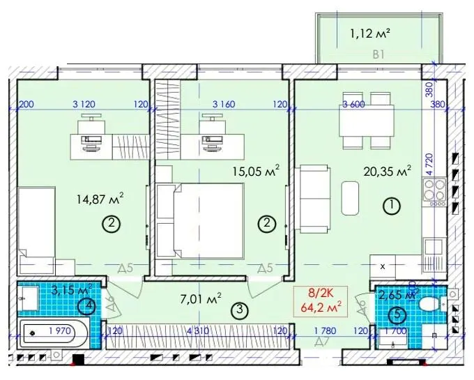 ЖК Містечко Молодіжне — 64.2 м²
