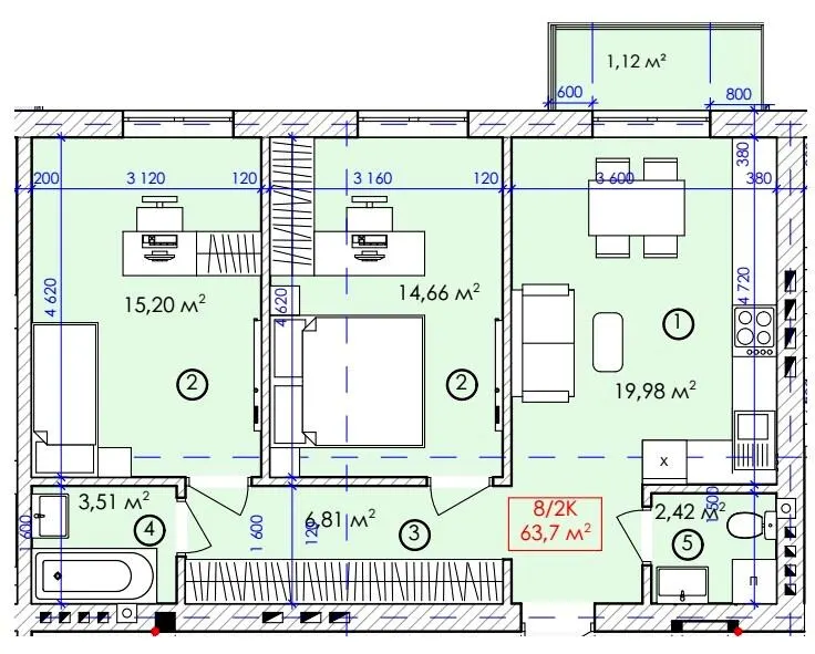 ЖК Містечко Молодіжне — 63.7 м²