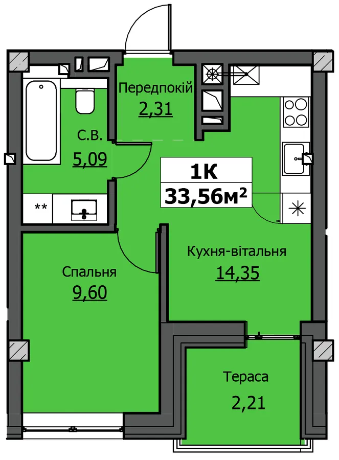 ЖК UZHPOINT — 33.6 м²