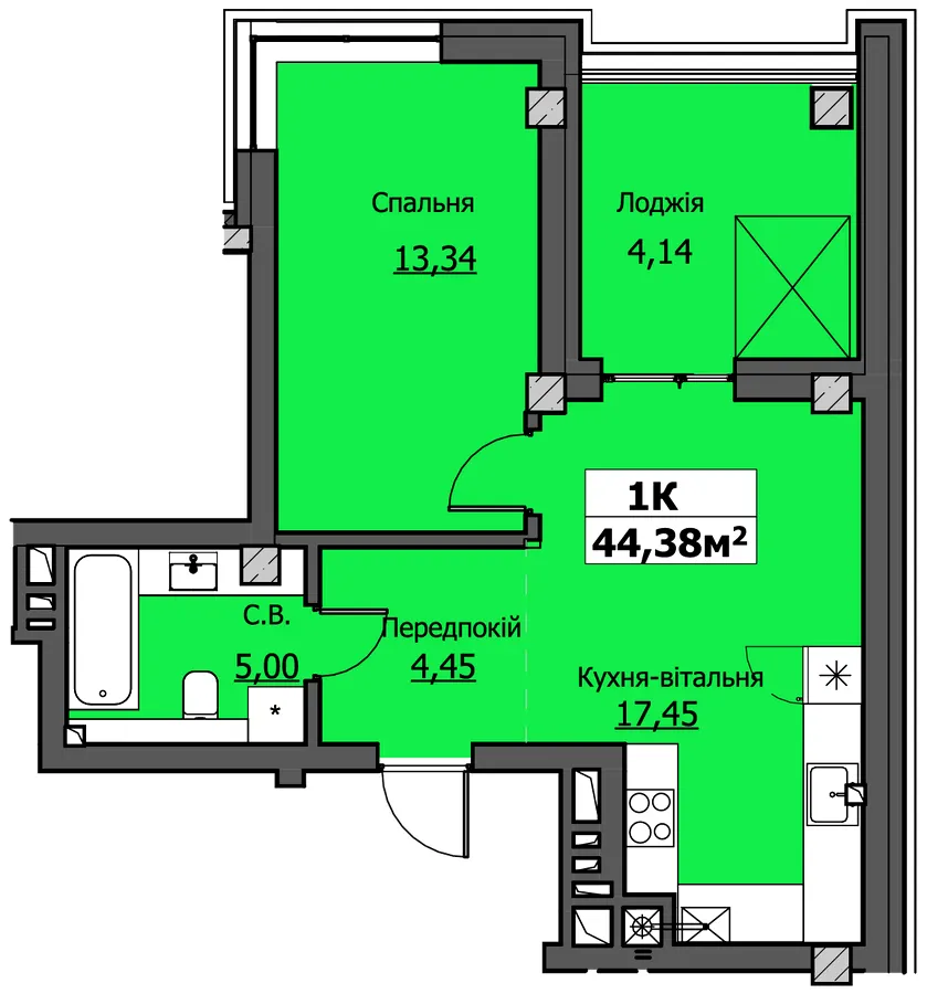 ЖК UZHPOINT — 44.4 м²