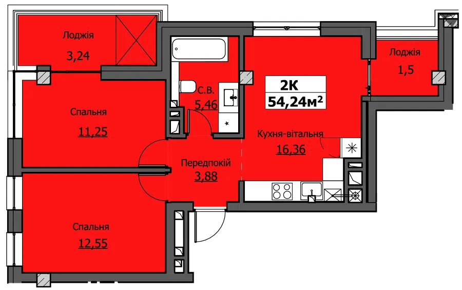 ЖК UZHPOINT — 54.2 м²