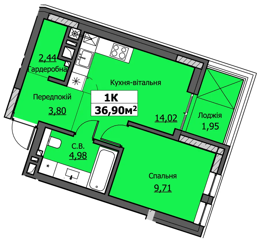ЖК UZHPOINT — 36.9 м²