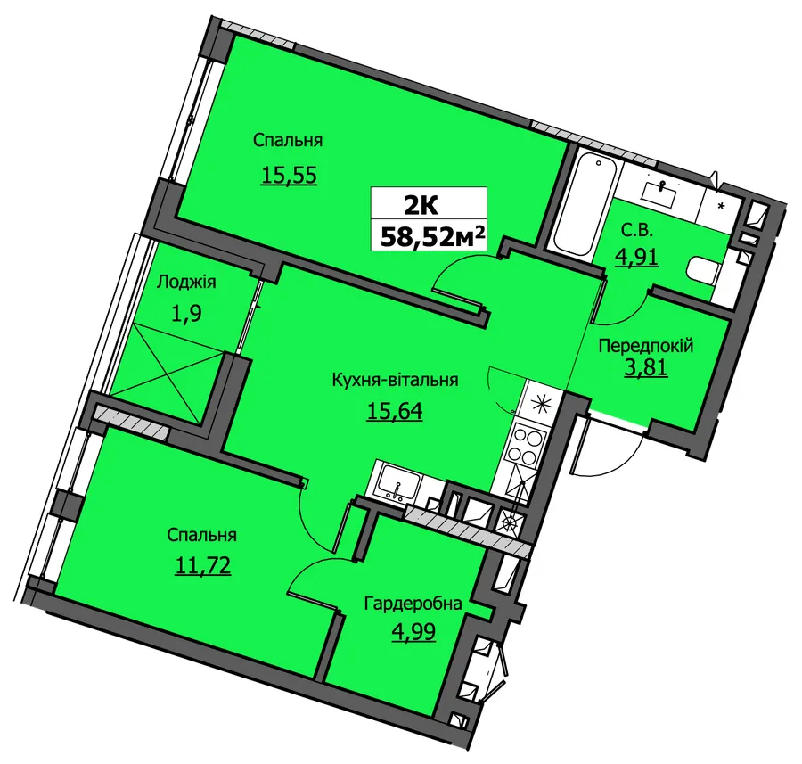 ЖК UZHPOINT — 58.5 м²