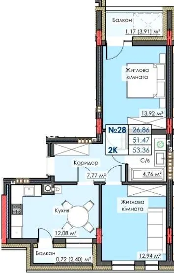 ЖК ЛИПКИ PREMIUM — 53.4 м²