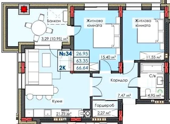 ЖК ЛИПКИ PREMIUM — 66.6 м²