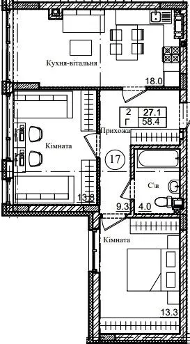 ЖК Петрівське містечко 2 — 58.4 м²