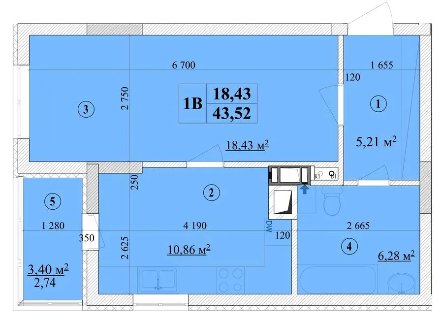 ЖК Будинок на Волошина — 43.5 м²