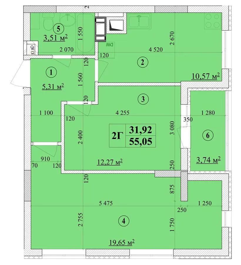 ЖК Будинок на Волошина — 55.1 м²