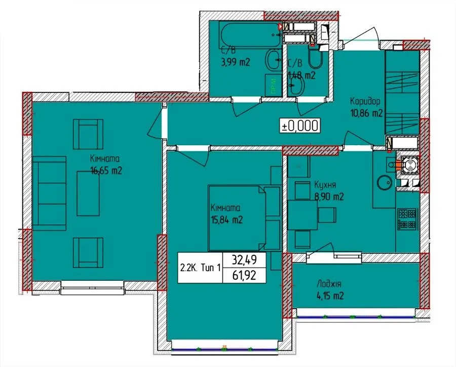 ЖК Pionerskiy — 61.9 м²
