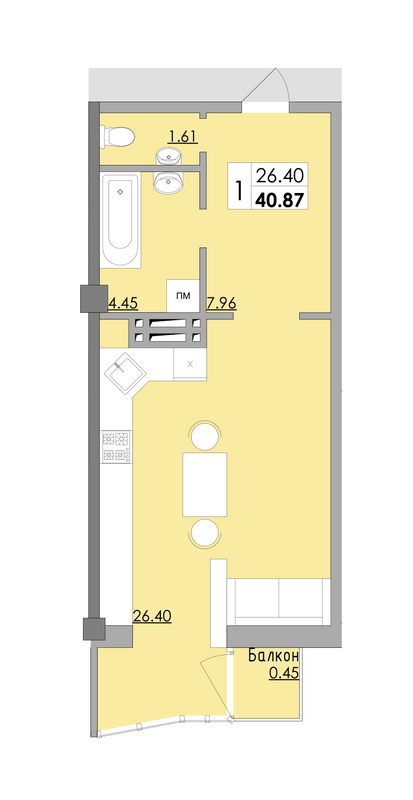 1-комнатная квартира, 41 м², вул. Філатова, 31, Херсон