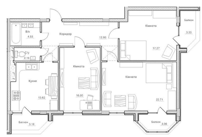 3-комнатная квартира, 99 м², вул. Морозова, 16, Борисполь