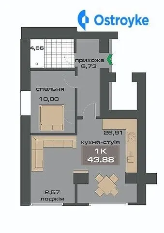 Продаж 1-кімнатної квартири, 44 м², Івано-Франківськ — фото 1