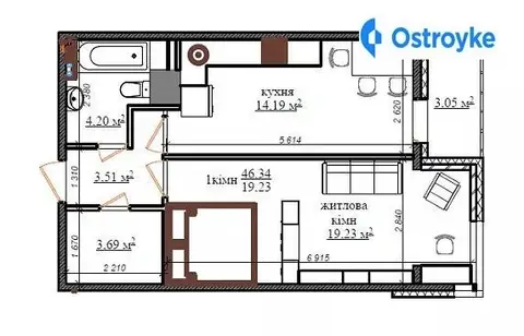 1-кімнатна квартира, 46 м², вул. Клавдіївська, 40е, Київ